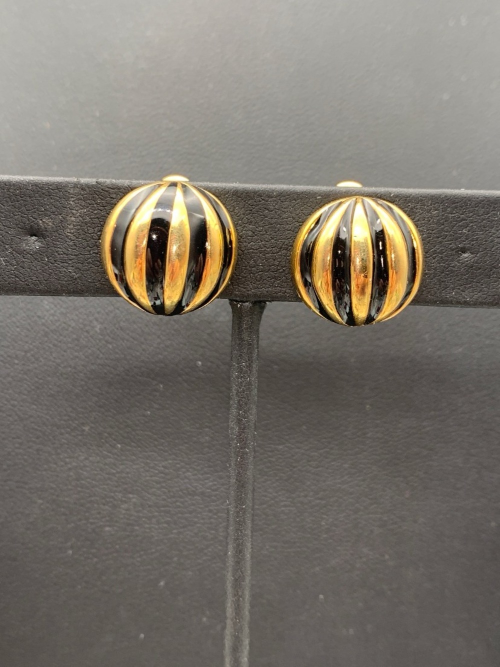Vintage Napier Gold tone and Black Striped Dome screw back / Clip-On Earrings